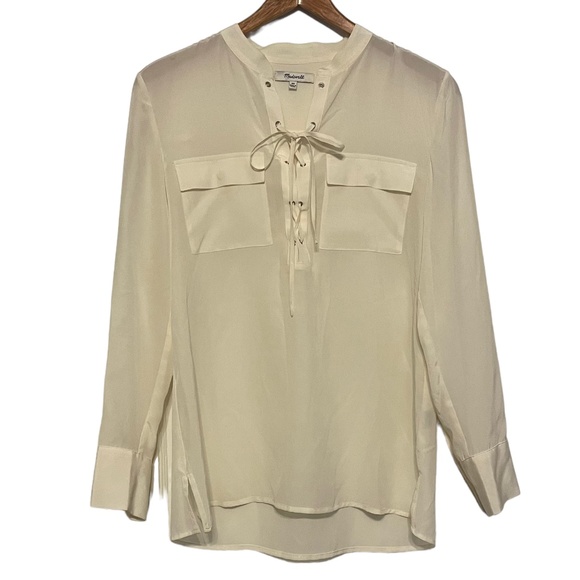 Madewell 100% Silk Monroe Lace Grommet Tie Long Sleeve Blouse w/ Pockets Size XS - Picture 1 of 4